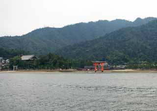 Foto, materiell, befreit, Landschaft, Bild, hat Foto auf Lager,Itsukushima-jinja-Schrein, Das kulturelle Erbe von Welt, Otorii, Schintoistischer Schrein, Ich bin Zinnober rot