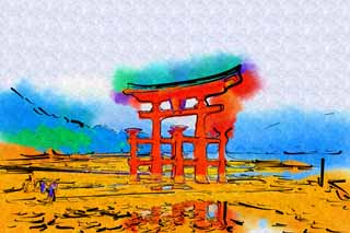 illust, materiell, befreit, Landschaft, Bild, Gemälde, Farbbleistift, Wachsmalstift, Zeichnung,,Otorii des Itsukushima-jinja-Schreines, Das kulturelle Erbe von Welt, Otorii, Schintoistischer Schrein, Ich bin Zinnober rot