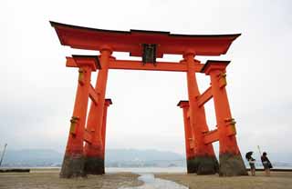 Foto, materiell, befreit, Landschaft, Bild, hat Foto auf Lager,Otorii des Itsukushima-jinja-Schreines, Das kulturelle Erbe von Welt, Otorii, Schintoistischer Schrein, Ich bin Zinnober rot