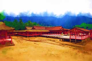 illust, materiell, befreit, Landschaft, Bild, Gemälde, Farbbleistift, Wachsmalstift, Zeichnung,,Ein Hauptschrein von Itsukushima-jinja Shrine, Das kulturelle Erbe von Welt, Hauptschrein, Schintoistischer Schrein, Ich bin Zinnober rot