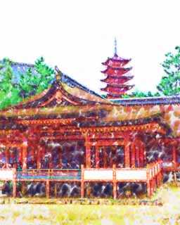 illust, materiell, befreit, Landschaft, Bild, Gemälde, Farbbleistift, Wachsmalstift, Zeichnung,,Ein Hauptschrein von Itsukushima-jinja Shrine, Das kulturelle Erbe von Welt, Hauptschrein, Schintoistischer Schrein, Ich bin Zinnober rot