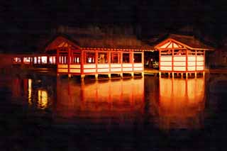 illust, materiell, befreit, Landschaft, Bild, Gemälde, Farbbleistift, Wachsmalstift, Zeichnung,,Die Nacht von Itsukushima-jinja Shrine, Das kulturelle Erbe von Welt, Hauptschrein, Schintoistischer Schrein, Ich bin Zinnober rot