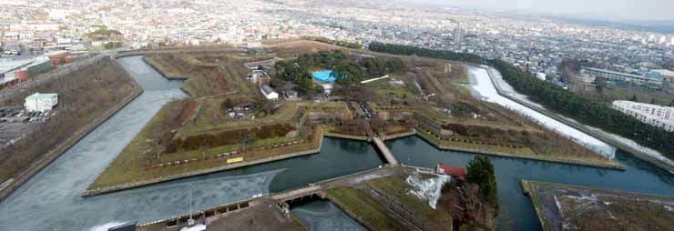 Foto, materiell, befreit, Landschaft, Bild, hat Foto auf Lager,Goryokaku Fort ganze Sicht, Wassergraben, Burg, Die späte Tokugawa-Periode, Die Geschichte