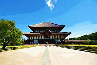 illust, materiell, befreit, Landschaft, Bild, Gemälde, Farbbleistift, Wachsmalstift, Zeichnung,,Der Todai-ji-Tempel Hall vom großen Buddha, große Statue von Buddha, hölzernes Gebäude, Buddhismus, Tempel