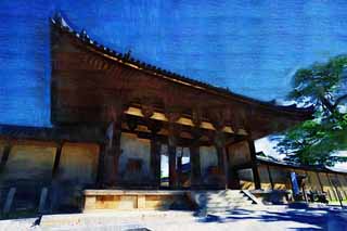 illust, materiell, befreit, Landschaft, Bild, Gemälde, Farbbleistift, Wachsmalstift, Zeichnung,,Horyu-ji-Tempel Namdaemun, Buddhismus, Namdaemun, Dach, Ziegel