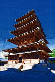 illust, materiell, befreit, Landschaft, Bild, Gemälde, Farbbleistift, Wachsmalstift, Zeichnung,,Horyu-ji-Tempel fünf Storeyed-Pagode, Buddhismus, Fünf Storeyed-Pagode, hölzernes Gebäude, blauer Himmel