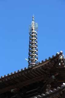 Foto, materiell, befreit, Landschaft, Bild, hat Foto auf Lager,Fünf Storeyed Pagoda-Spitze, Buddhismus, Fünf Storeyed-Pagode, hölzernes Gebäude, blauer Himmel