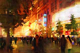 illust, materiell, befreit, Landschaft, Bild, Gemälde, Farbbleistift, Wachsmalstift, Zeichnung,,Wangfujing-Straße in den Abend, Neon, Chinesisch, Verkehr, Baum an der Straße