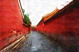 illust, materiell, befreit, Landschaft, Bild, Gemälde, Farbbleistift, Wachsmalstift, Zeichnung,,Forbidden City Passage, Zhu-Überzug, Mauer, Kopfstein, Welterbe