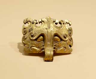 Foto, materiell, befreit, Landschaft, Bild, hat Foto auf Lager,Bronze vergoldet Ring-Inhaber Mask, Schmuck, Altes China, Gesicht, Muster