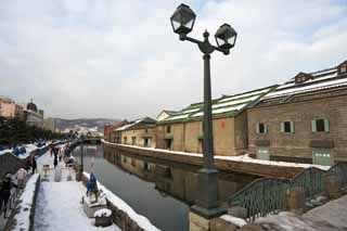 Foto, materiell, befreit, Landschaft, Bild, hat Foto auf Lager,Otaru Canal, Kanal, Lagerhaus, Straßenlampe, Schneedecke