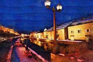 illust, materiell, befreit, Landschaft, Bild, Gemälde, Farbbleistift, Wachsmalstift, Zeichnung,,Otaru Canal, Kanal, Lagerhaus, Straßenlampe, Schneedecke