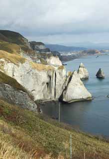 Foto, materiell, befreit, Landschaft, Bild, hat Foto auf Lager,Muroran acht Schönheitsstellen 'Tokkarisho', Sasabaru, Meer, Cliff, Der Horizont