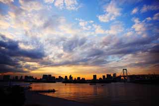 Foto, materiell, befreit, Landschaft, Bild, hat Foto auf Lager,Dämmerung von Odaiba, Brücke, Wolke, datieren Sie Kurs, seaside entwickelte neu Stadtzentrum