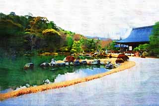 illust, materiell, befreit, Landschaft, Bild, Gemälde, Farbbleistift, Wachsmalstift, Zeichnung,,Tenryu-ji-Garten, Chaitya, Teich, Welterbe, Sagano