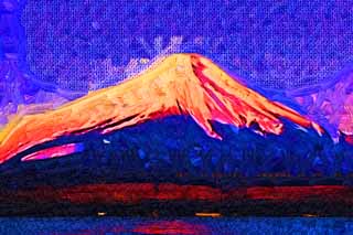 illust, materiell, befreit, Landschaft, Bild, Gemälde, Farbbleistift, Wachsmalstift, Zeichnung,,Roter Fuji, Fujiyama, Die schneebedeckten Berge, Oberfläche eines Sees, Die Morgenglut