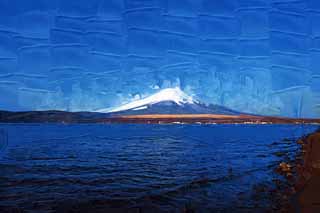 illust, materiell, befreit, Landschaft, Bild, Gemälde, Farbbleistift, Wachsmalstift, Zeichnung,,Mt. Fuji, Fujiyama, Die schneebedeckten Berge, Oberfläche eines Sees, blauer Himmel