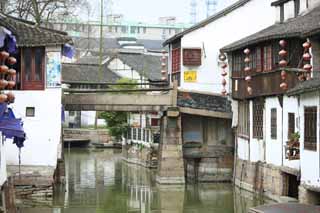 Foto, materiell, befreit, Landschaft, Bild, hat Foto auf Lager,Zhujiajiao-Kanal, Wasserstraße, Die Oberfläche des Wassers, Ishigaki, weiße Mauer