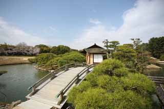 Foto, materiell, befreit, Landschaft, Bild, hat Foto auf Lager,Korakuen Island, der Hütte lehnt, das Ausruhen von Hütte, Brücke, Tee-Zeremonienzimmer, Japanisch gärtnert