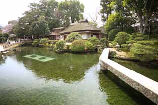 Foto, materiell, befreit, Landschaft, Bild, hat Foto auf Lager,Koraku-en-Garten Renchiken, shoji, Japanisch-Stilgebäude, Stroh-gedecktes mit Stroh Dach, Karpfen