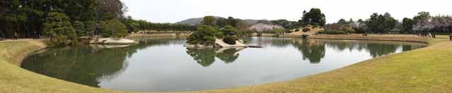 Foto, materiell, befreit, Landschaft, Bild, hat Foto auf Lager,Der Teich des Koraku-en Garden-Sumpfes, das Ausruhen von Hütte, Rasen, Teich, Japanisch gärtnert