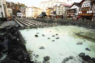 Foto, materiell, befreit, Landschaft, Bild, hat Foto auf Lager,Kusatsu heißer Frühling heißes Wasserfeld, Stein, heißer Frühling, Schwefel, Heißes Wasser