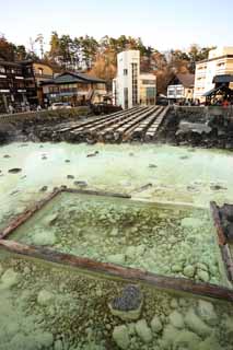 Foto, materiell, befreit, Landschaft, Bild, hat Foto auf Lager,Kusatsu heißer Frühling heißes Wasserfeld, Stein, heißer Frühling, Schwefel, Heißes Wasser