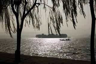 photo,material,free,landscape,picture,stock photo,Creative Commons,Xi-hu lake, An island, silhouette, surface of a lake, ship