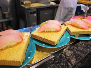 photo,material,free,landscape,picture,stock photo,Creative Commons,Belt-conveyor sushi, fish, Citrus sudachi, Red, Finger sushi