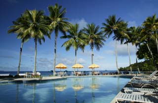 photo,material,free,landscape,picture,stock photo,Creative Commons,A resort swimming pool of an early morning, swimming pool, coconut tree, blue sky, In the morning