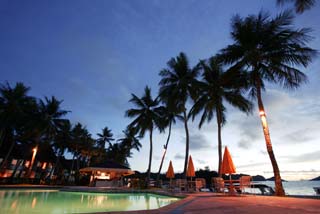 photo,material,free,landscape,picture,stock photo,Creative Commons,A resort of dusk, swimming pool, resort, coconut tree, It is lighted up