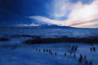 illustration,material,free,landscape,picture,painting,color pencil,crayon,drawing,Morning of Furano, snowy field, mountain, tree, field