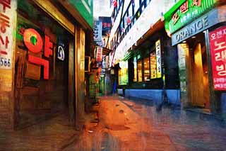 illustration,material,free,landscape,picture,painting,color pencil,crayon,drawing,Row of houses along a city street of Myondong, Neon, drugstore, restaurant, street