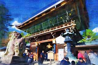 illustration,material,free,landscape,picture,painting,color pencil,crayon,drawing,Kitano Tenman-gu shrine two-story gate, Torii, Mr. TENJIN, Kitano, Plums