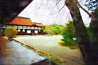 illustration,material,free,landscape,picture,painting,color pencil,crayon,drawing,Ninna-ji Temple front yard of the Hall for state ceremonies, garden, Sand, The old aristocrat's house Imperial Palace, dry landscape Japanese garden