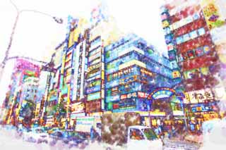 illustration,material,free,landscape,picture,painting,color pencil,crayon,drawing,Kabukicho, Shinjuku, restaurant, signboard, Manners and customs, Illuminations