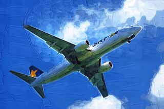 illustration,material,free,landscape,picture,painting,color pencil,crayon,drawing,A jetliner, gear, flap, jet engine, wing