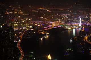 foto,tela,gratis,paisaje,fotografía,idea,Una vista de noche de Shangai, Vista excelente, Lo enciendo, Puente, Rascacielos