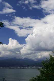 foto,tela,gratis,paisaje,fotografía,idea,Verano en el lago Suwa, Nube, Cielo azul, Lago, Montaña