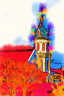 illust,tela,gratis,paisaje,fotografía,idea,pintura,Lápiz de color,dibujo,Iglesia de Motomachi católica, Cristianismo, Iglesia, Puerto, Techo rojo