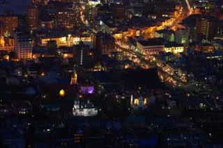 foto,tela,gratis,paisaje,fotografía,idea,Una vista de noche de monte. Hakodate - yama, Illuminations, Un observatorio, Luz de pueblo, Pueblo de puerto