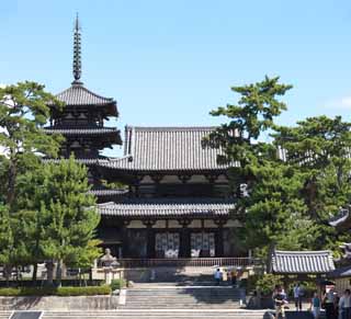 foto,tela,gratis,paisaje,fotografía,idea,Horyu - ji templo, Buddhism, Puerta construir entre la puerta principal y la casa principal de la arquitectura diseñada por palacio en el punto de Fujiwara, Cinco pagoda de Storeyed, Idea Buddhist