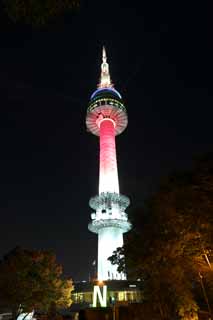 foto,tela,gratis,paisaje,fotografía,idea,N torre de Seúl, Una torre de ola eléctrica, N torre de Seúl, Vista de noche, Rojo