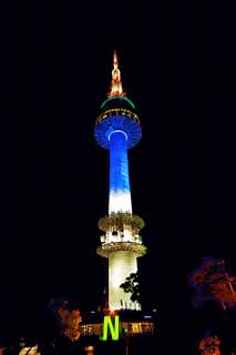 illust,tela,gratis,paisaje,fotografía,idea,pintura,Lápiz de color,dibujo,N torre de Seúl, Una torre de ola eléctrica, N torre de Seúl, Vista de noche, Color azul