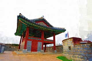 illust,tela,gratis,paisaje,fotografía,idea,pintura,Lápiz de color,dibujo,La torre de esquina noroeste de Hwaseong Fortress, Castillo, Pavimento de piedra, Azulejo, Pared de castillo