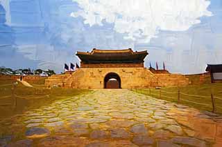 illust,tela,gratis,paisaje,fotografía,idea,pintura,Lápiz de color,dibujo,ChangRyong - puerta, Castillo, Bandera, Ladrillo, Pared de castillo