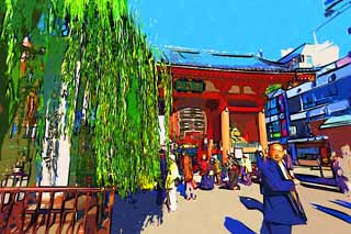 illust,tela,gratis,paisaje,fotografía,idea,pintura,Lápiz de color,dibujo,Kaminari - puerta de mon, Sitio de turismo, Templo de Senso - ji, Asakusa, Linterna