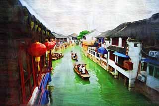 illust,tela,gratis,paisaje,fotografía,idea,pintura,Lápiz de color,dibujo,Canal de Zhujiajiao, Canal navegable, Linterna, Embarcación de barco pesquero work por aguja, Turista