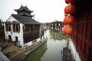 foto,tela,gratis,paisaje,fotografía,idea,Canal de Zhujiajiao, Canal navegable, Linterna, Pared blanca, Azulejo