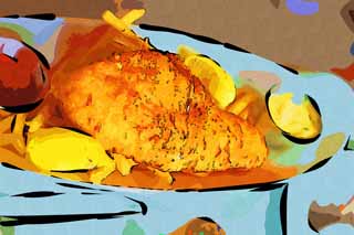 illust,tela,gratis,paisaje,fotografía,idea,pintura,Lápiz de color,dibujo,Pescado frito con papas fritas, Frío comida, Peces, Papas fritas de casa, Limón